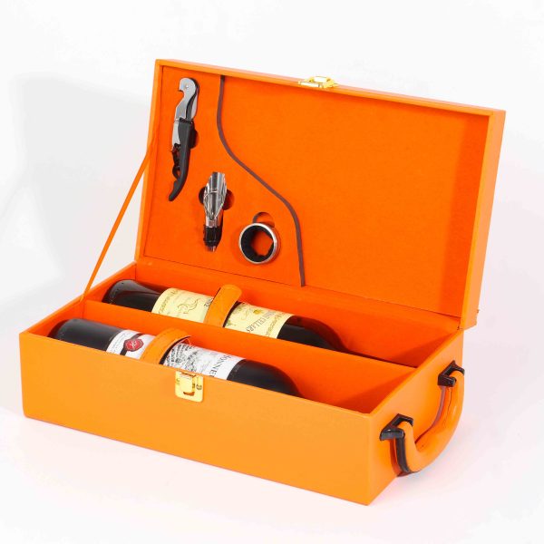 Premium Orange Leather Double Wine Bottle Gift Box Custom with wine utensils - Image 3