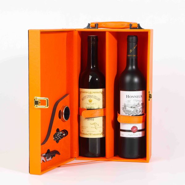 Premium Orange Leather Double Wine Bottle Gift Box Custom with wine utensils - 图片 2