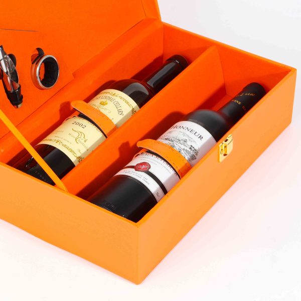 Premium Orange Leather Double Wine Bottle Gift Box Custom with wine utensils - Image 6