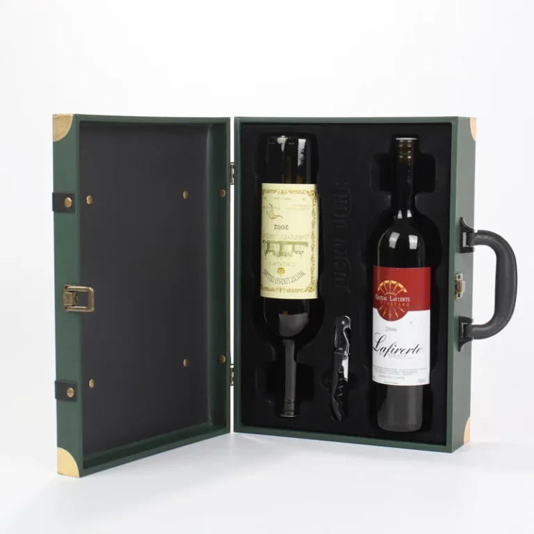 Luxury Vintage Leather Handled Double Bottle Flip Top Wine Gift Box