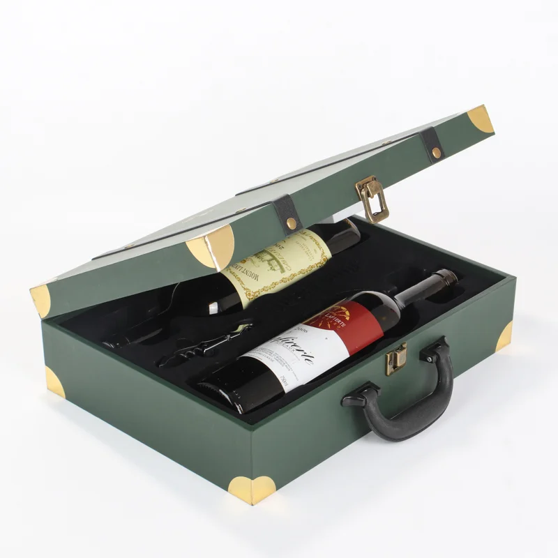 Luxury Vintage Leather Handled Double Bottle Flip Top Wine Gift Box