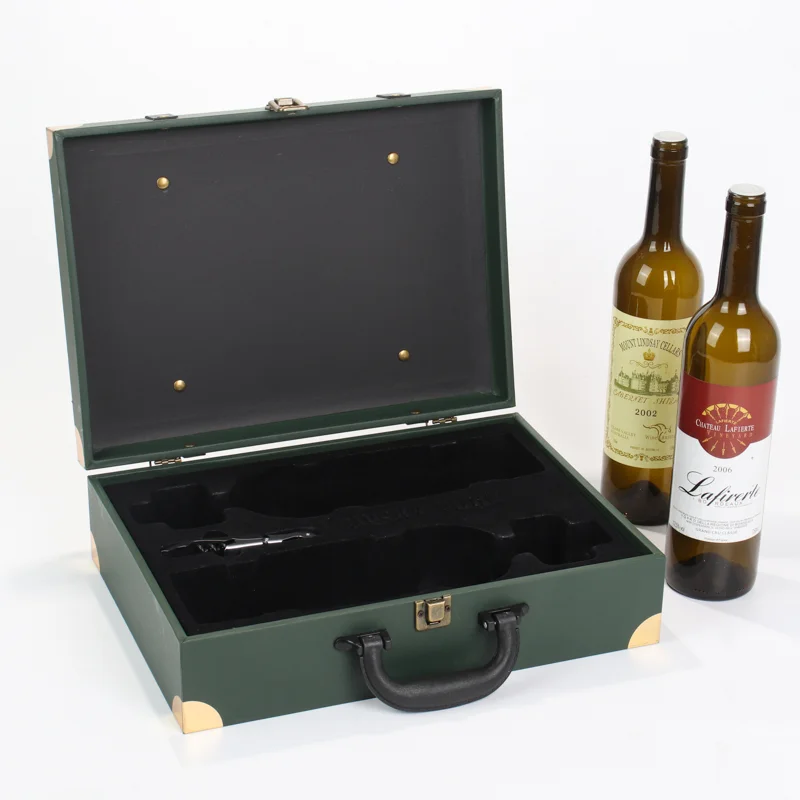 Luxury Vintage Leather Handled Double Bottle Flip Top Wine Gift Box