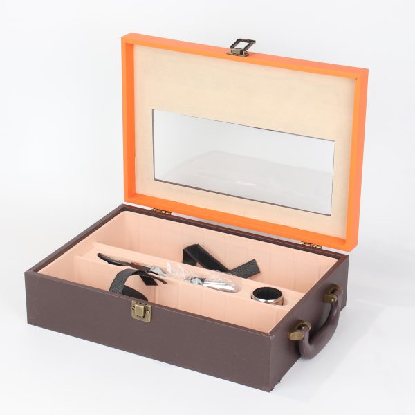 Open custom leather wine gift box with transparent window, inner bottle support, metal clasp, and carrying handle