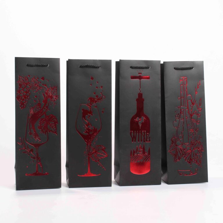 Wholesale Black Cardstock Handle Four-Color Printing Red Gold Foil Stamping wine paper bag for Gift Packaging