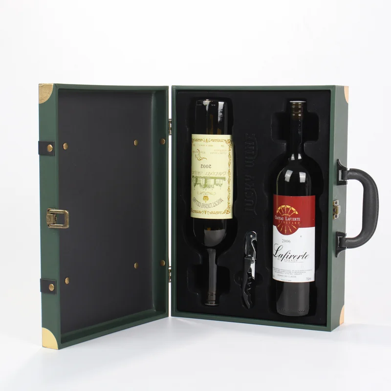 Luxury Vintage Leather Handled Double Bottle Flip Top Wine Gift Box