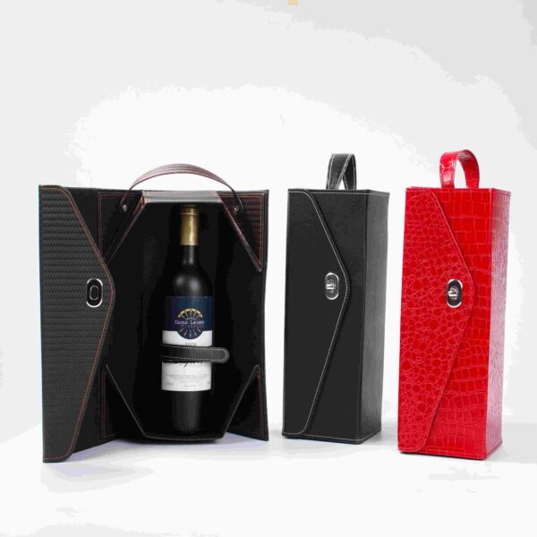 Individuell gestaltete Weingeschenkverpackung aus Leder für eine einzelne Flasche Wein mit PU-Griff