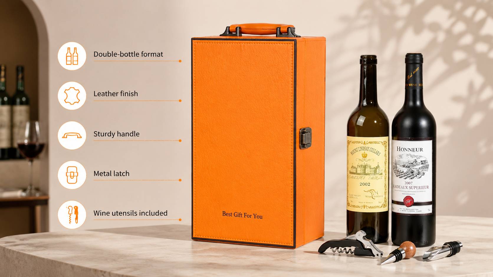 Premium Orange Leder Doppel Wein Flasche Geschenkbox Custom mit Weinutensilien