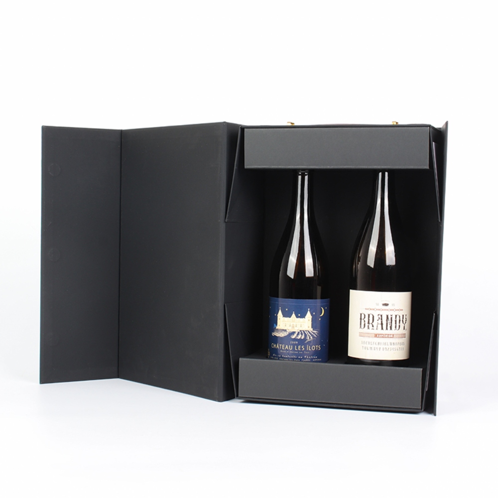 Black double-bottle custom wine box with fitted inserts