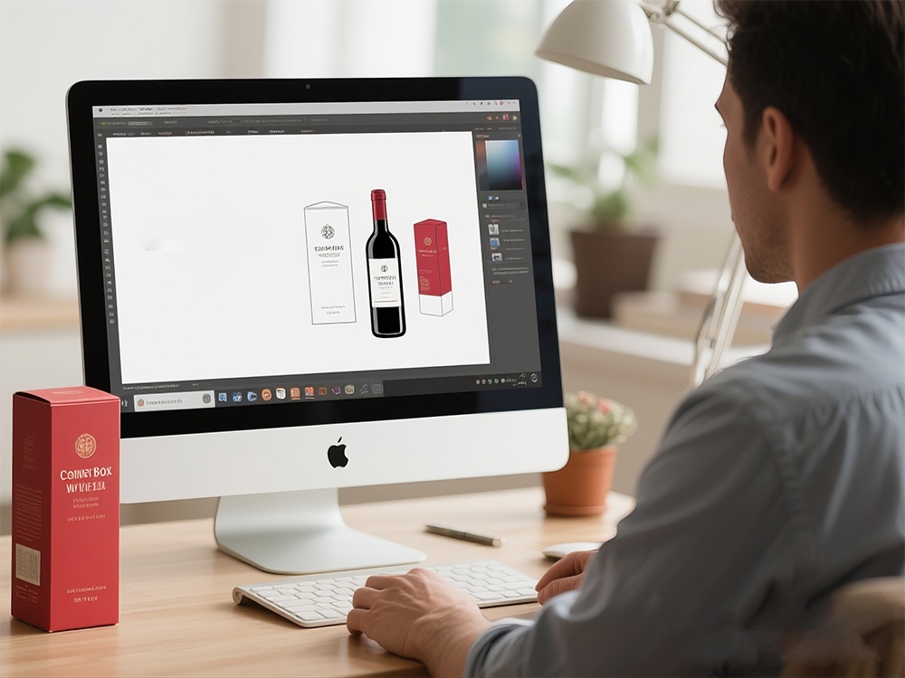 Designer reviewing a custom wine box concept and bottle packaging layout on a computer