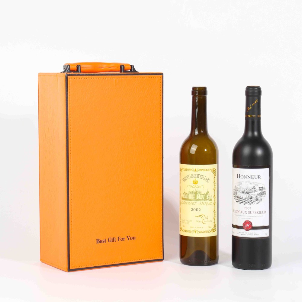Premium Orange Leather Double Wine Bottle Gift Box Custom with wine utensils