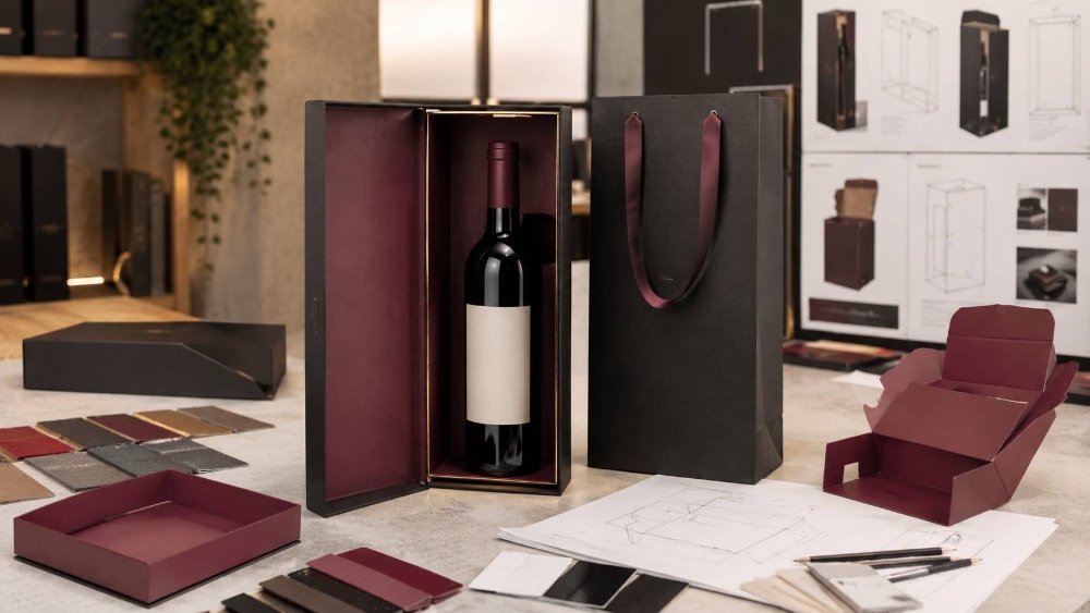 Custom wine box prototype, materials, and structural design samples prepared for factory production