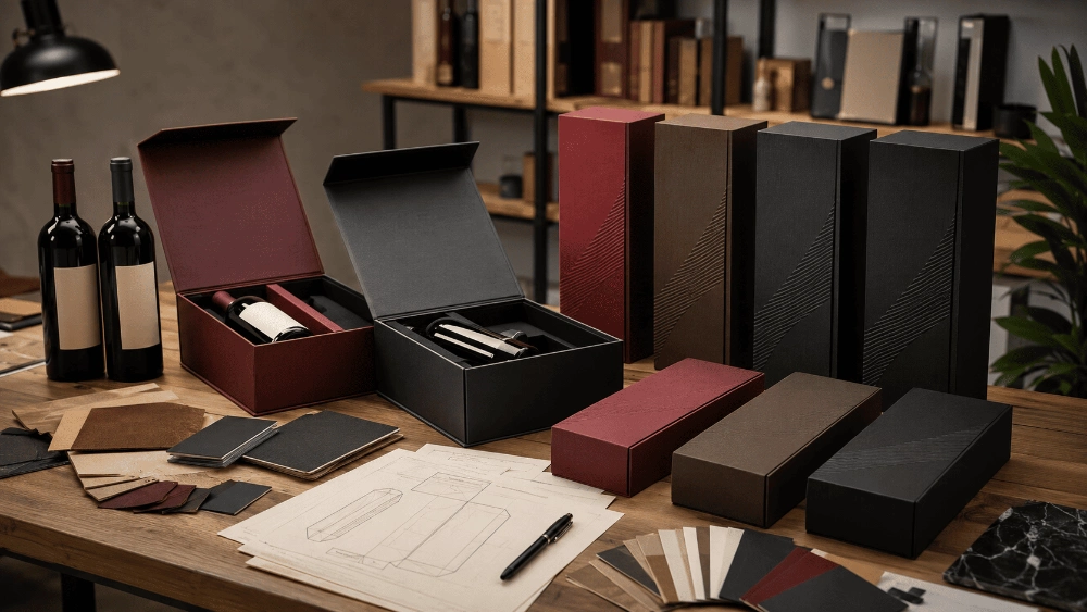 Multiple custom wine box versions prepared for MOQ and production planning